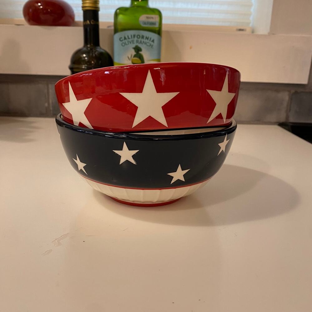 Hausenware by Sally Noll Pair of American Flag‎ Bowls Soup Cereal Snacks